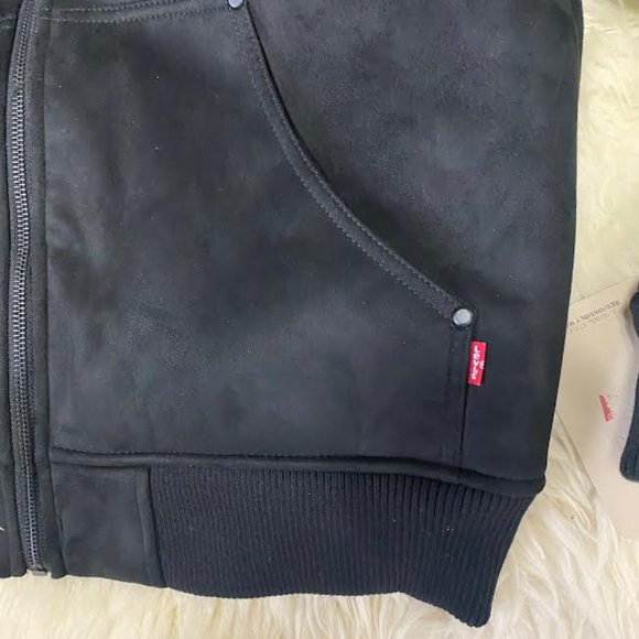 NWT $250 LEVI'S Men M Faux Suede Sherpa Lined Hoodie Bomber Trucker Jacket Black - Picture 8 of 10